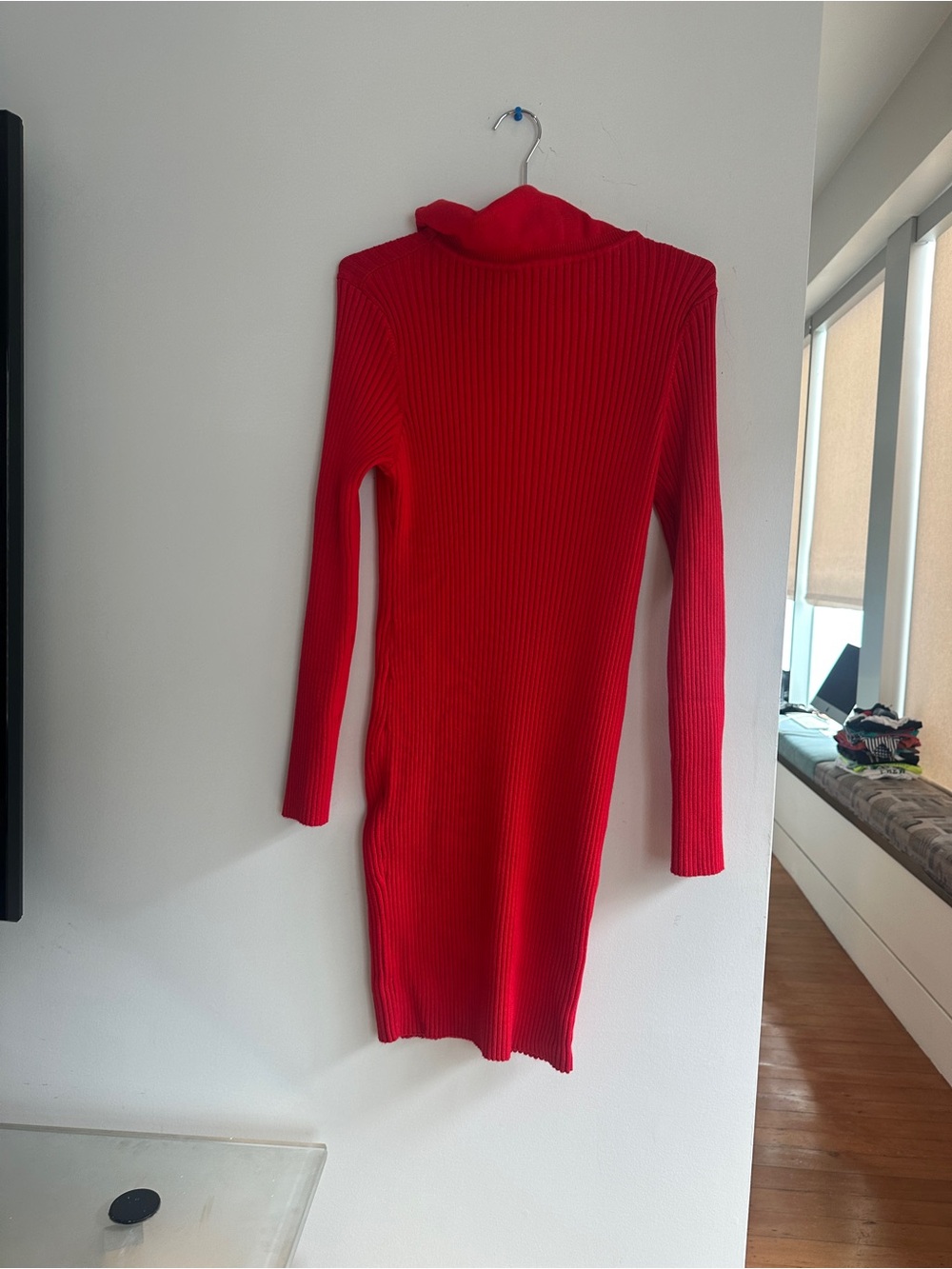 Women’s Red Ribbed Cowl Neck Sweater Dress - Picture 3 of 4